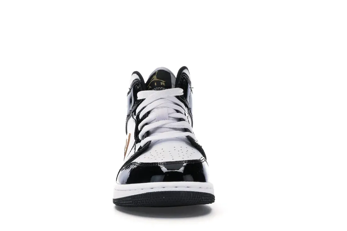 Фото № 2 с приближением к товару «‎Jordan 1 Mid Patent Black White Gold »