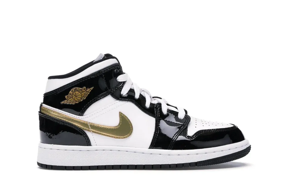 Фото № 1 с приближением к товару «‎Jordan 1 Mid Patent Black White Gold »