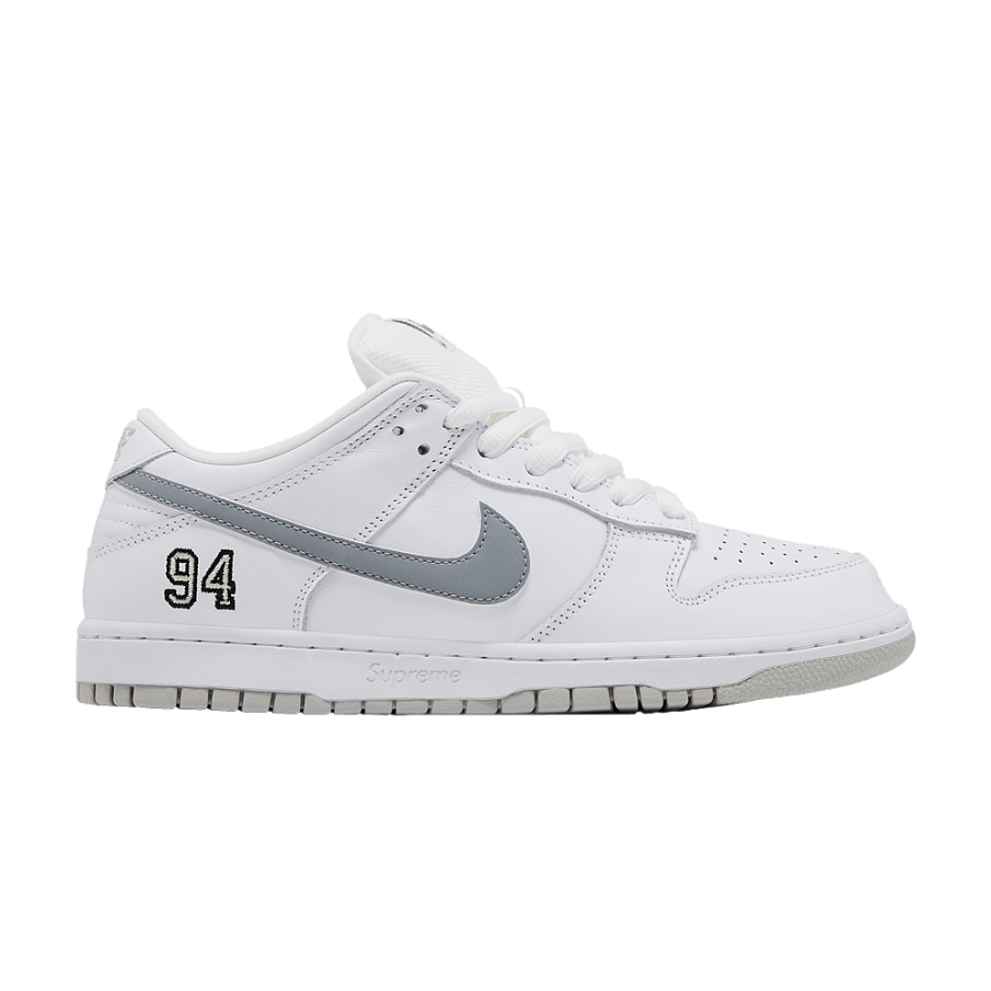 Фото № 1 с приближением к товару «‎Supreme x Nike Dunk Low SB White Metallic Silver»