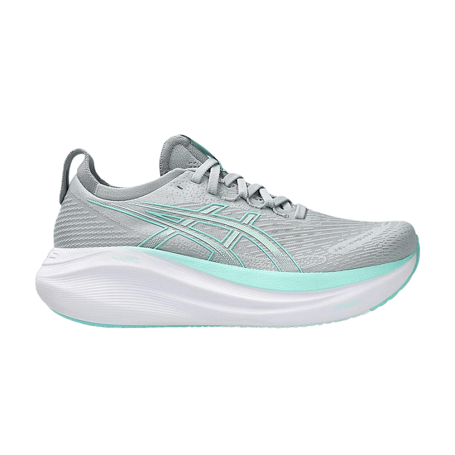 Фото № 1 с приближением к товару «‎ASICS Women's Gel Nimbus 27 Wide Piedmont Grey Illuminate Mint»