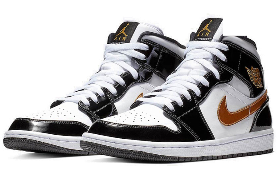 Фото № 3 с приближением к товару «‎Jordan 1 Mid Patent Black White Gold»