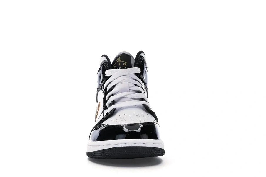 Фото № 2 с приближением к товару «‎Jordan 1 Mid Patent Black White Gold »