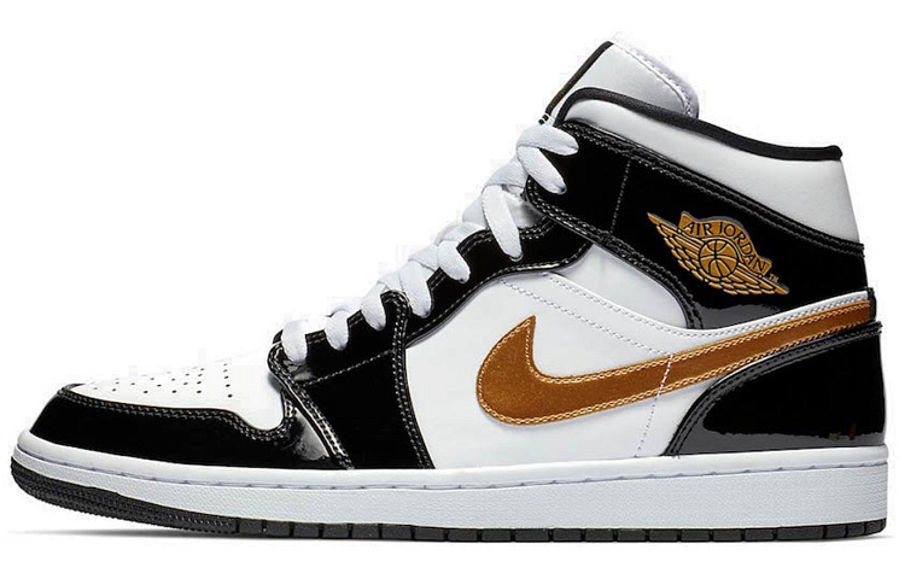Фото № 1 с приближением к товару «‎Jordan 1 Mid Patent Black White Gold»