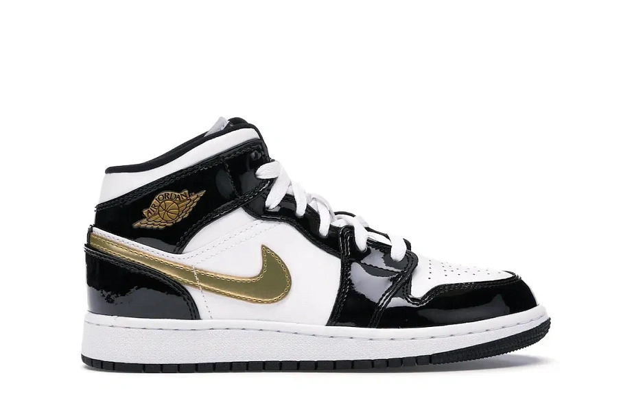 Фото № 1 с приближением к товару «‎Jordan 1 Mid Patent Black White Gold »