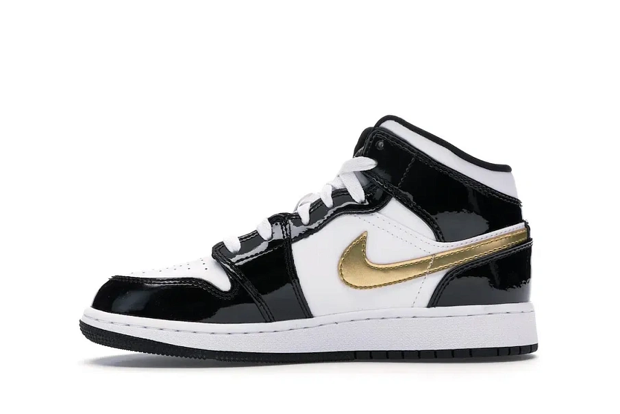 Фото № 3 с приближением к товару «‎Jordan 1 Mid Patent Black White Gold »